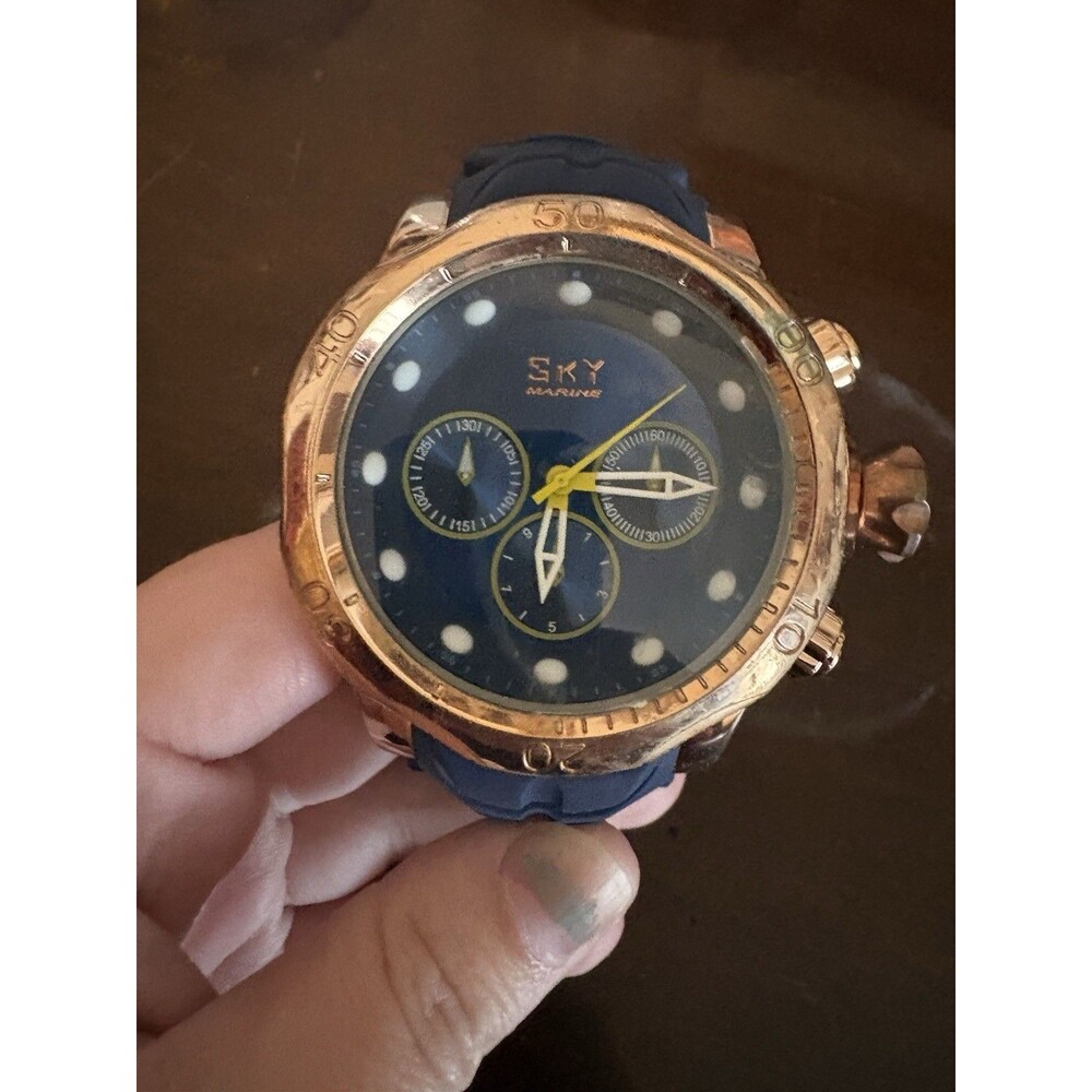 SKY Marine Men’s Oversized Rose Gold Tone Black Dial Sport Watch Rubber Strap